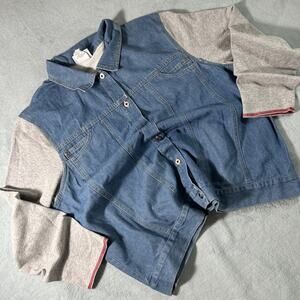 Y2k Hybird Fleece Denim Jean Jacket Mens Large Lightweight Patchwork Vintage Vtg